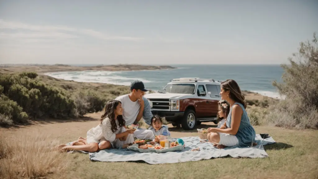 a family enjoys a picnic outside their rv, overlooking the ocean in a scenic san diego rv park.