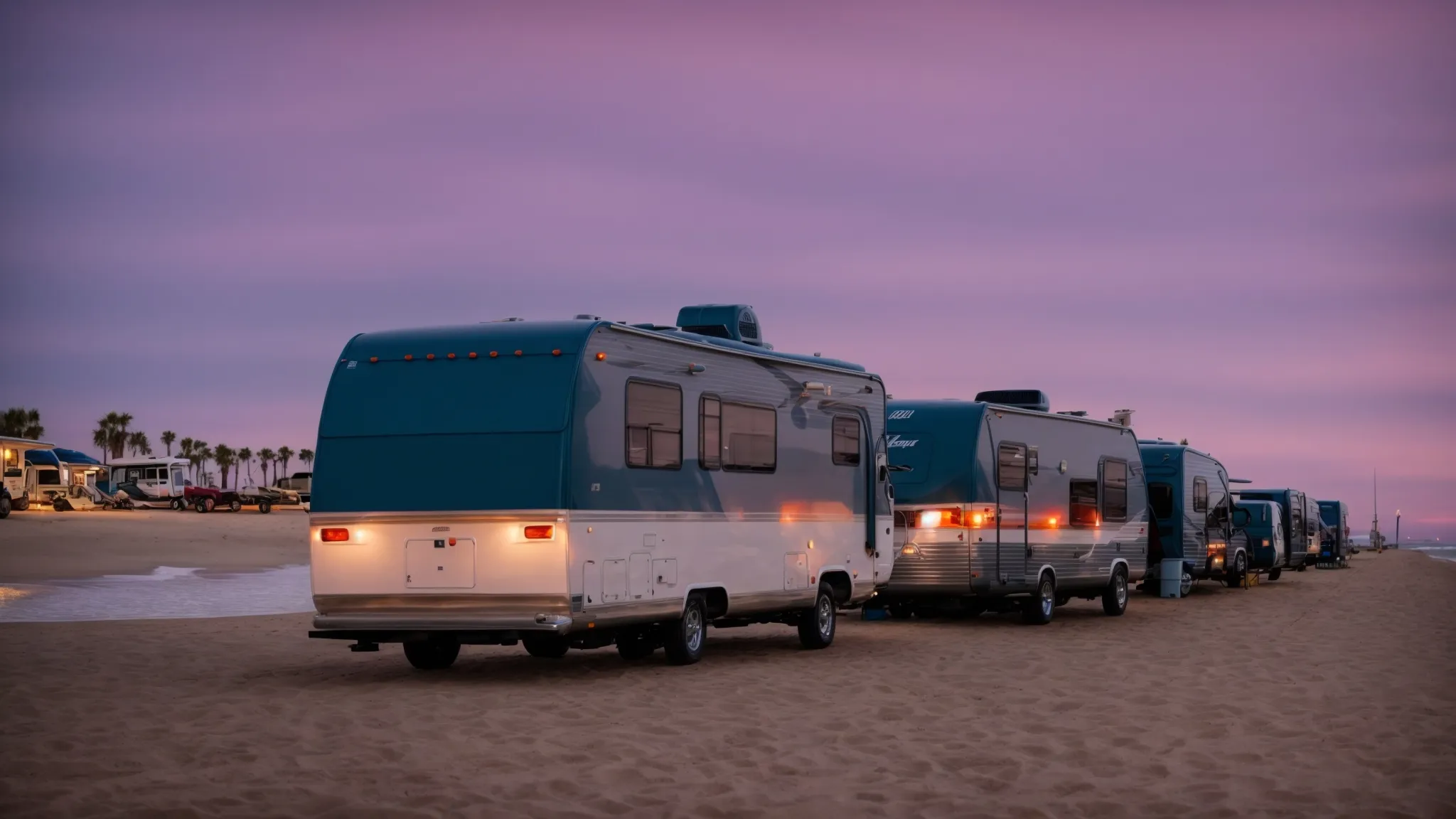 a line of rvs settled against the backdrop of a serene san diego beach at sunset.