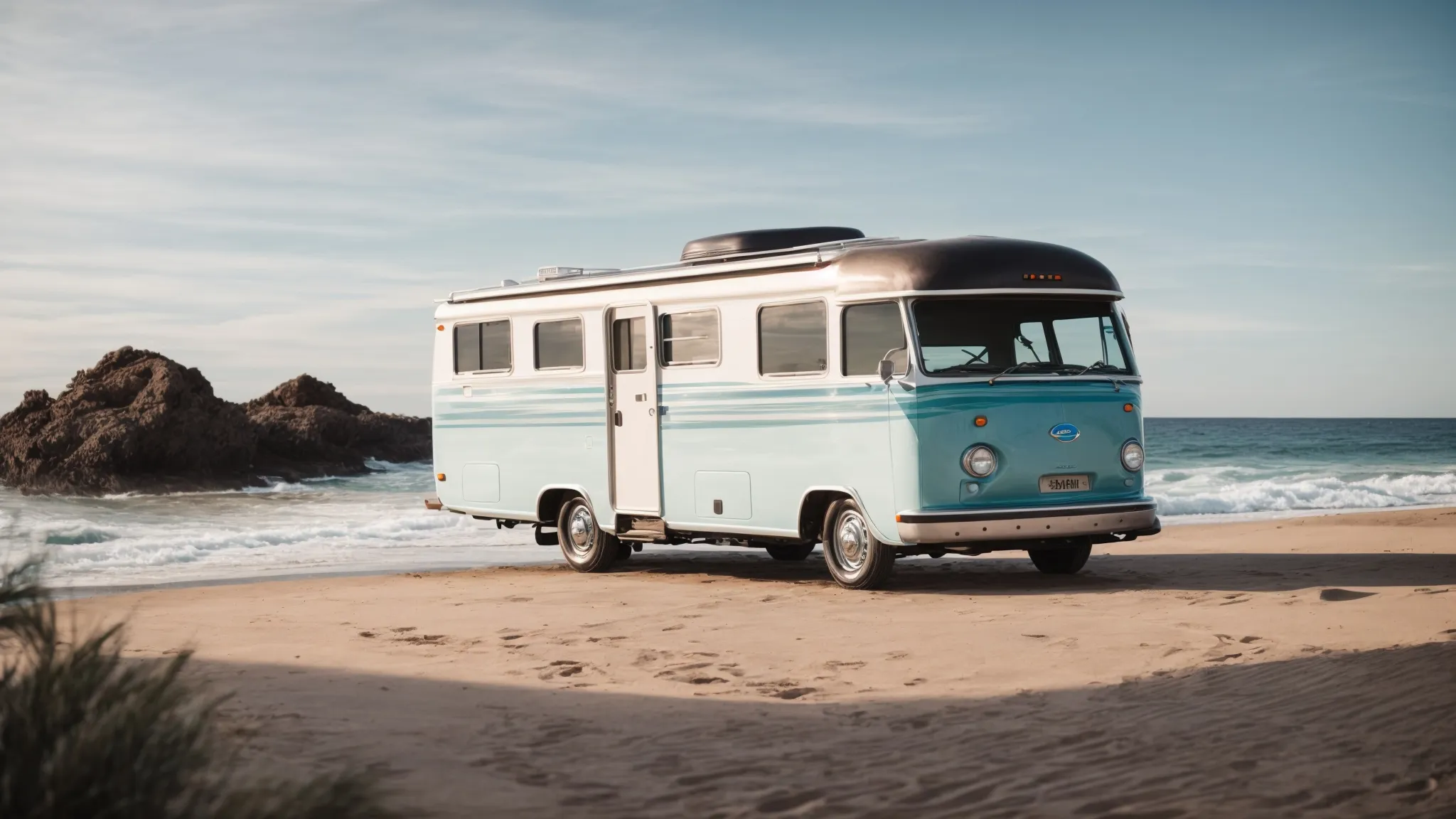 an rv nestled on the beachside under a clear sky with the ocean waves gently kissing the shore.