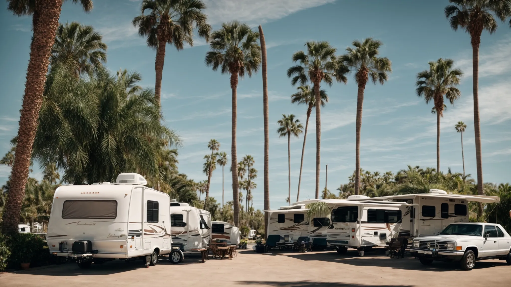 a tranquil rv park set against a backdrop of towering palm trees with rvs parked amidst lush greenery under the expansive san diego sky.