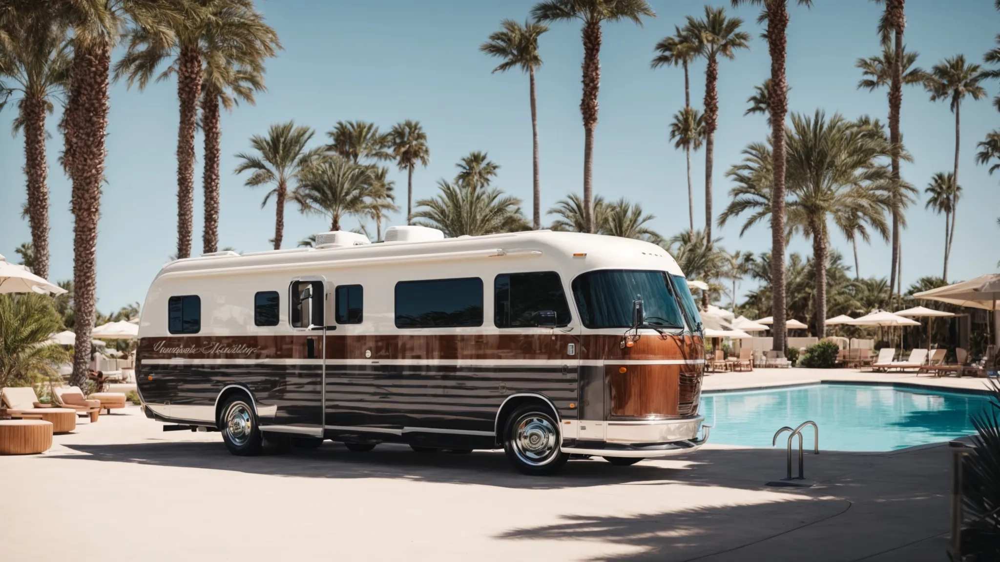 a lavish rv is parked at a spacious, well-manicured rv resort with a pool and palm trees under a clear blue sky.
